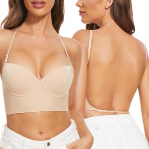 Low Back Bras for Women-Seamless Lightly Lined Invisible Backless Bra-Underwire Plunge Open Back Multiway Halter Bra (36D, Nude)