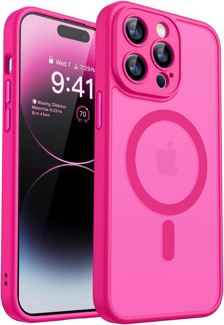 CANSHN Magnetic Compatible with iPhone 14 Pro Case, Upgraded [Full Camera Protection] [Compatible with Magsafe] [Translucent Matte] Shockproof Protective Phone Case Cover 6.1 Inch - Hot Pink