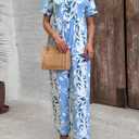 LOZ Women's Blue Leaf Print V-Neck Jumpsuits 2025 Summer Casual Half Sleeve Wide Leg Pants Rompers Beach Wear (M)
