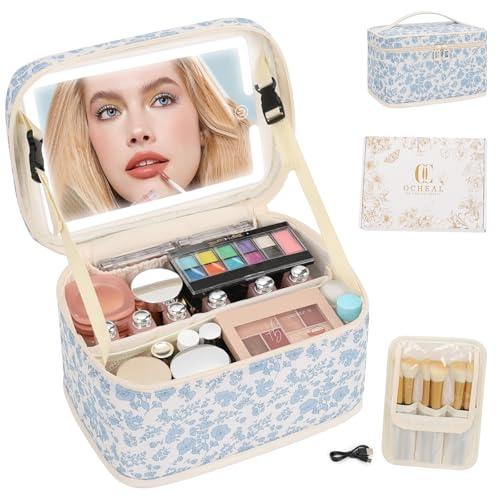 Makeup Bag With LED Mirror, Lightweight Travel Makeup Bag With 3 Color Setting Light Up Mirror Cosmetic Makeup Organizer Vanity Case for Women Beauty Tools Accessories Rechargeable Train Case-Floral