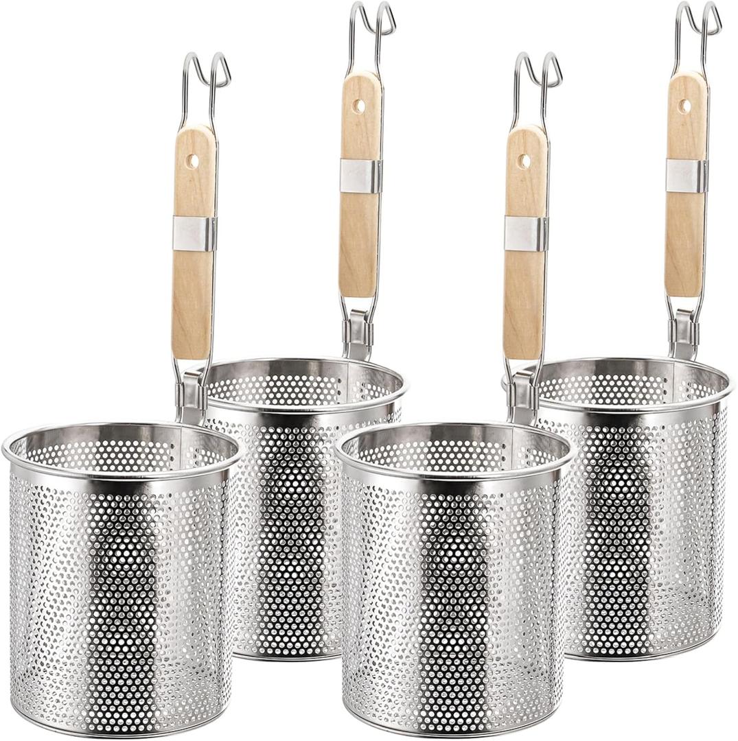 ZAVOOS 4 Pack Pasta Strainer, 5.5''D x 6''H Large Stainless Steel Mesh Spider Noodle Basket with Wood Handle, Fine Kitchen Food Skimmer Cooker for Spaghetti, Dumpling Boiling, Rinsing, Blanching