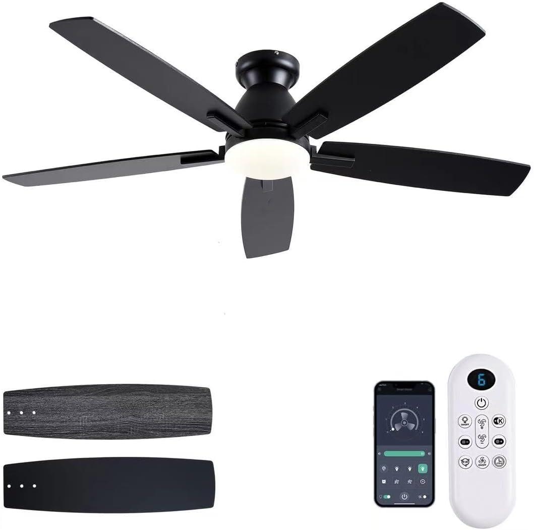 Ceiling Fans with Lights, 52 Inch Low Profile Ceiling Fan with Light and Remote Control, Flush Mount, DC Reversible Motor, Dimmable LED Black Ceiling Fans for Bedroom,Indoor/Outdoor Patio Use