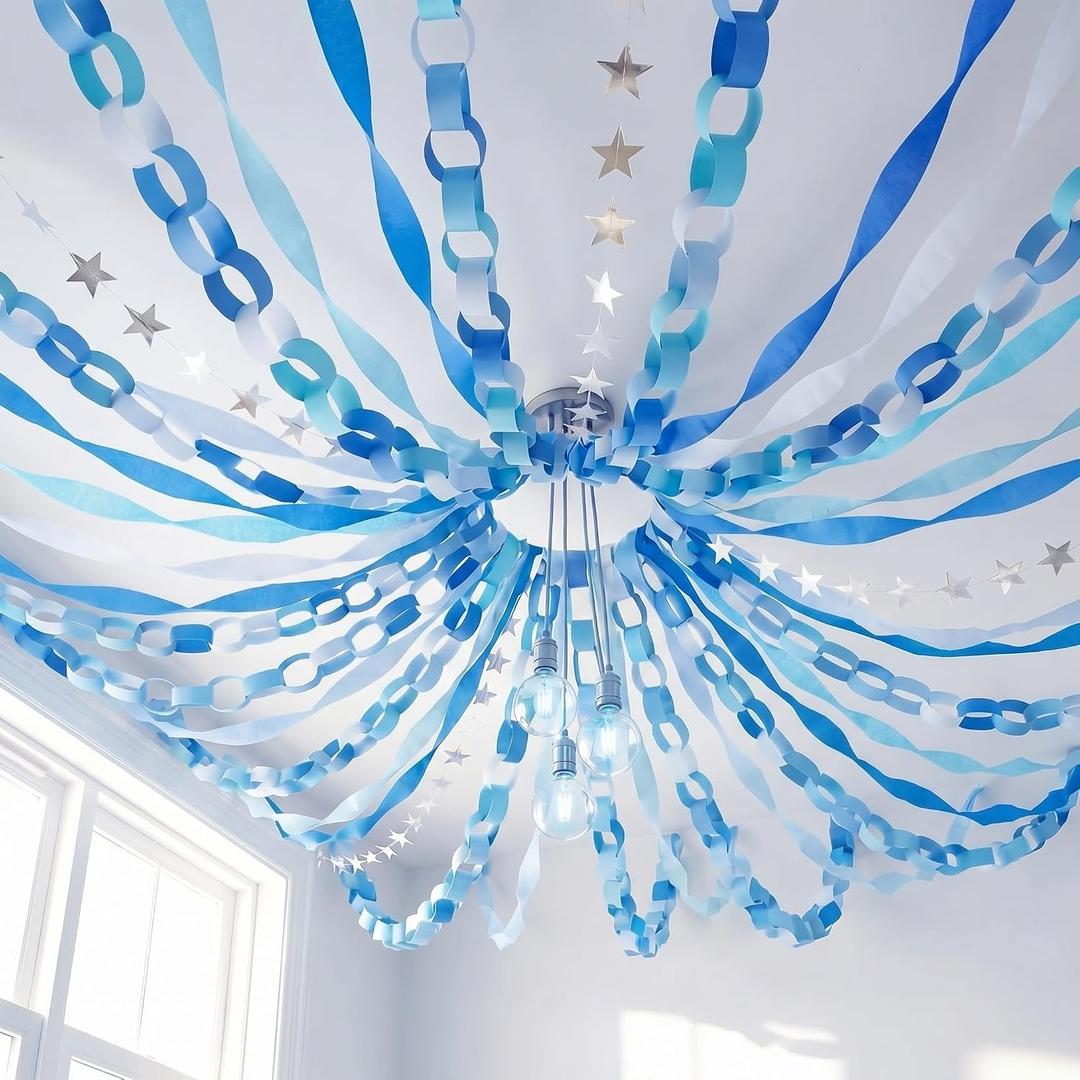 TaoBary Blue Party Decorations 328ft Blue Crepe Streamers 400 Sheet Paper Strips Chain Garland 65.5ft Star Hanging for Baby Shower Under the Sea Party Birthday Decor