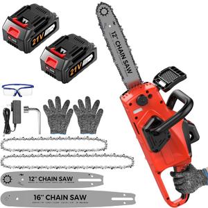 Battery Powered Chainsaw,12" & 16" Dual Guide Plate.21V Electric Cordless Chainsaw with 2 Batteries and Charger.Brushless Chain Saw Kit with Safety Goggles and Gloves for Tree Pruning and Wood Cutting