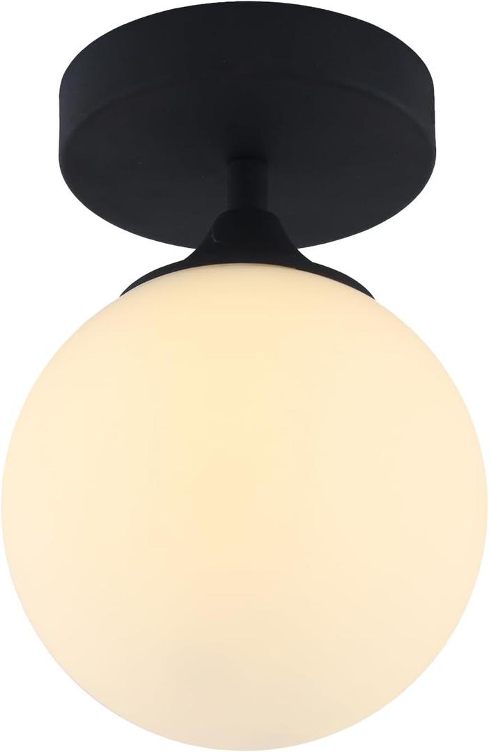 KCO Lighting Mid Century Modern Semi Flush Mount Ceiling Light Fixture White Globe Flush Mount Ceiling Light Farmhouse Black Ceiling Light Milk Glass Hallway Close to Ceiling Light