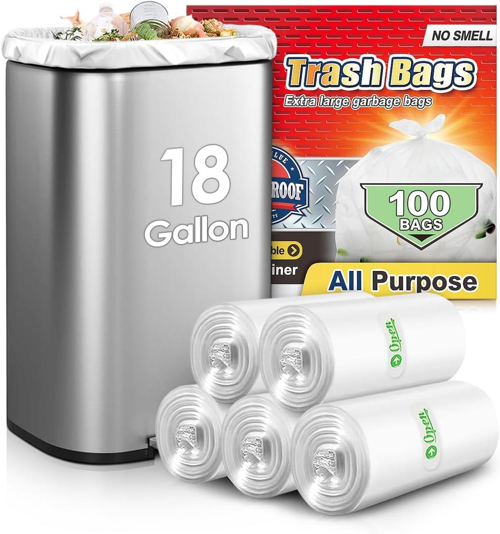 18 Gallon 100 Counts Compactor Bag Tall Kitchen Trash Bags,Fit 15,16,18,20Gal,Garbage Bags by Teivio, Unscented,Bin Liners, Plastic Bags for home, for Bathroom, Office, Industrial, Clear