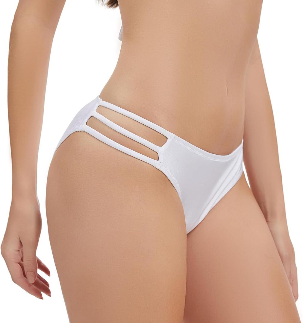 KIWI RATA Women's Brazilian Bikini Bottom Sexy Strappy Swimsuit Ruched Thong Swimwear Bathing Suit Micro Bikinis (White)