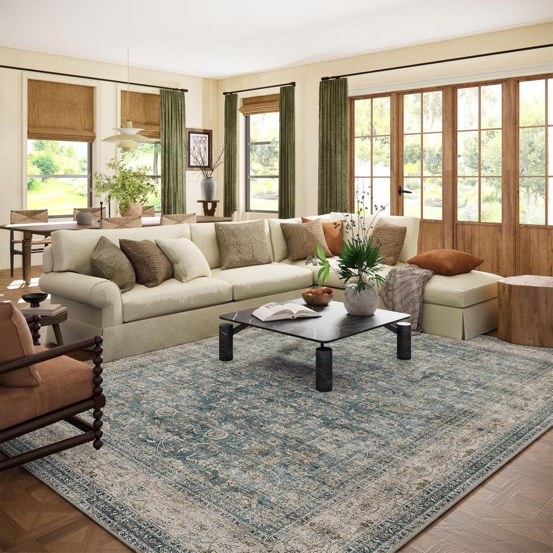 Machine Washable Living Room Rug: 8x10 Area Rugs for Bedroom Vintage Stain Resistant Non Slip Low Pile Lightweight Boho Carpet for Kitchen Dining Room Farmhouse Kids Room Nursery
