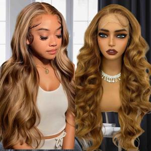 Honey Blonde Highlight wigs Synthetic Lace Front Wig, 13×6 Body Wave Pre Plucked HD Lace Glueless Wigs, Natural Wavy Wig with Baby Hair for Women, 26 Inch Long Wavy Wig Ready to Wear for Daily Party Use (P4/27 highlight)