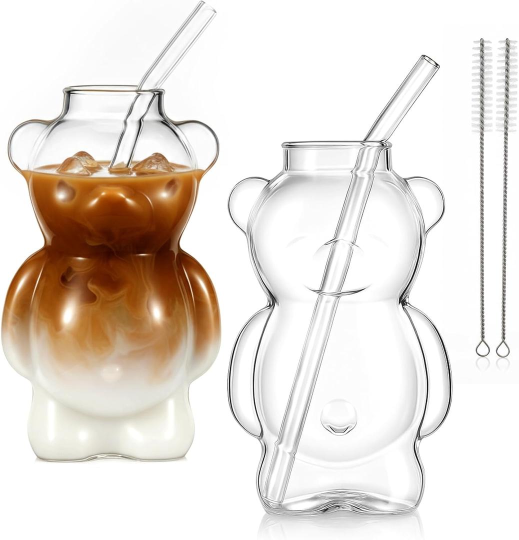 2 Pack Honey Bear Glass Straw Cup, 5.51 x 3.31 x 2.83 Inches Clear Bear Cup with 2 Straws & Cleaning Brushes, 11 oz Cute Mugs, Suitable for Coffee, Juice, Tea, Milk and Other Beverages