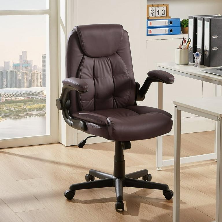 VECELO Executive High-Back PU Leather Office Chair, Adjustable Height with Flip-up Armrests and Lumbar Support, 360°Quiet Swivels Computer Desk Chairs, Coffee