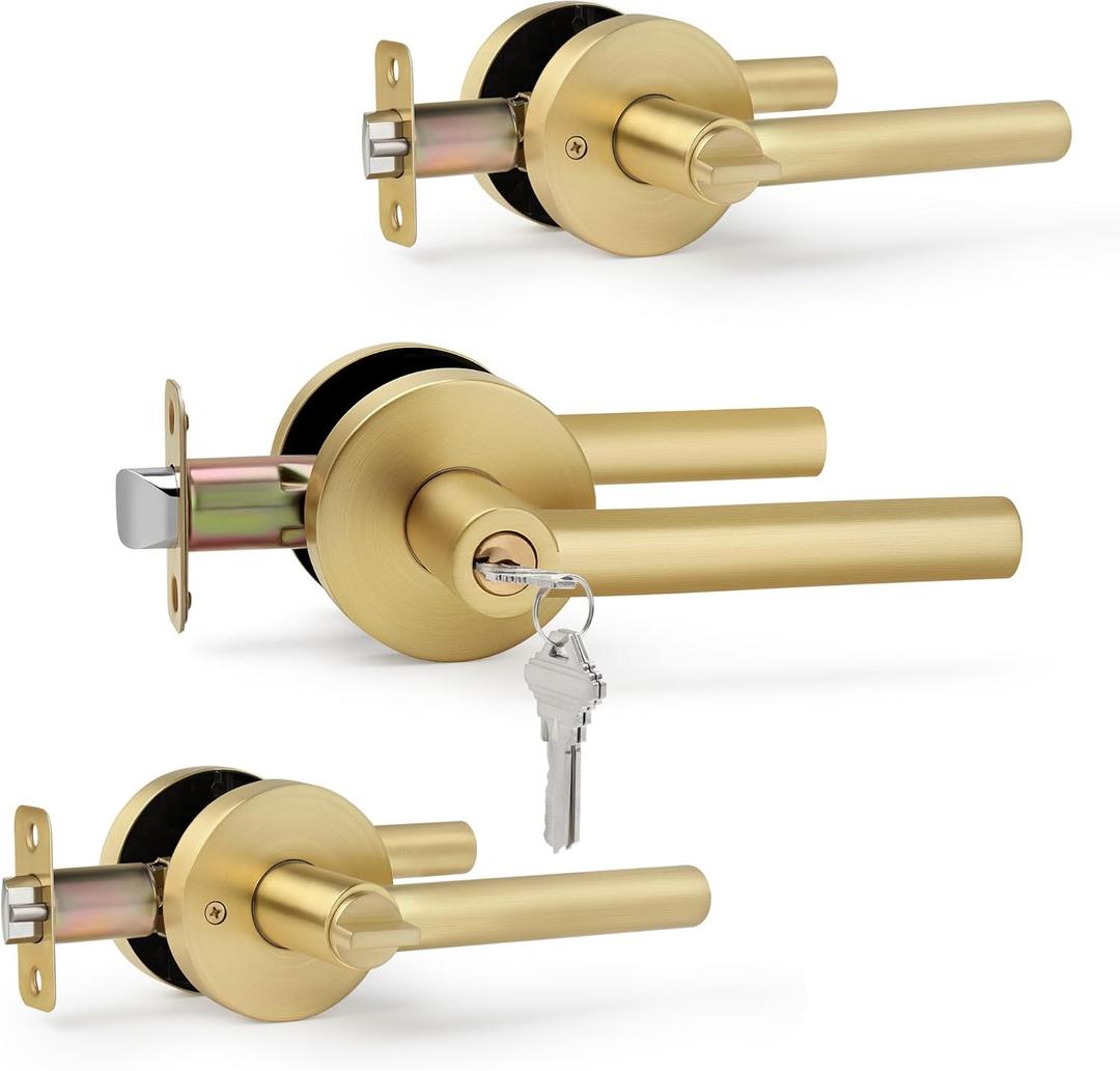 Brushed Gold Entry Door Handle with Keys, Round Design Heavy Duty Door Lever, 3 Pack Wholesale Keyed-NOT-Alike Reversible for Left/Right Handed for Entrance and Front Door, Satin Brass