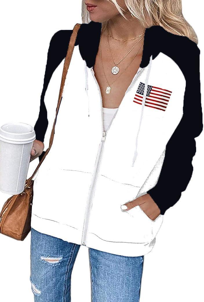 Ezbelle Zip Up Hoodie Women's American Flag Graphic Hood Casual USA Shirt (Small)
