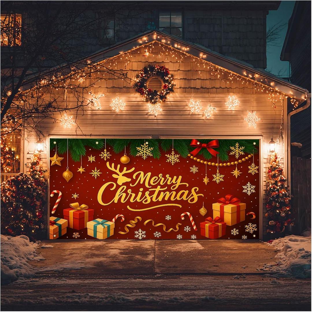 Christmas Garage Door Cover 13x6ft Merry Christmas Gold Letter Banner Red Bow Green Pine Holiday Decoration Outdoor Indoor Seasonal Backdrop Gift Boxes Candy Cane Party Wall