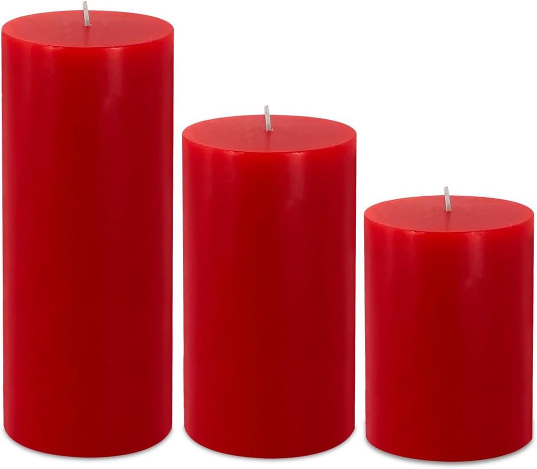 Red Pillar Candles Set of 3 - Dripless Unscented - 3x4, 3x6 & 3x8 inches Decorative Candles for Home Decor & Table Centerpieces