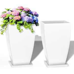 FIASON Large Square Tall Planters - 21'' Lightweight Flower Pots with Drainage Design for Indoor/ Outdoor (White, 2 Set)