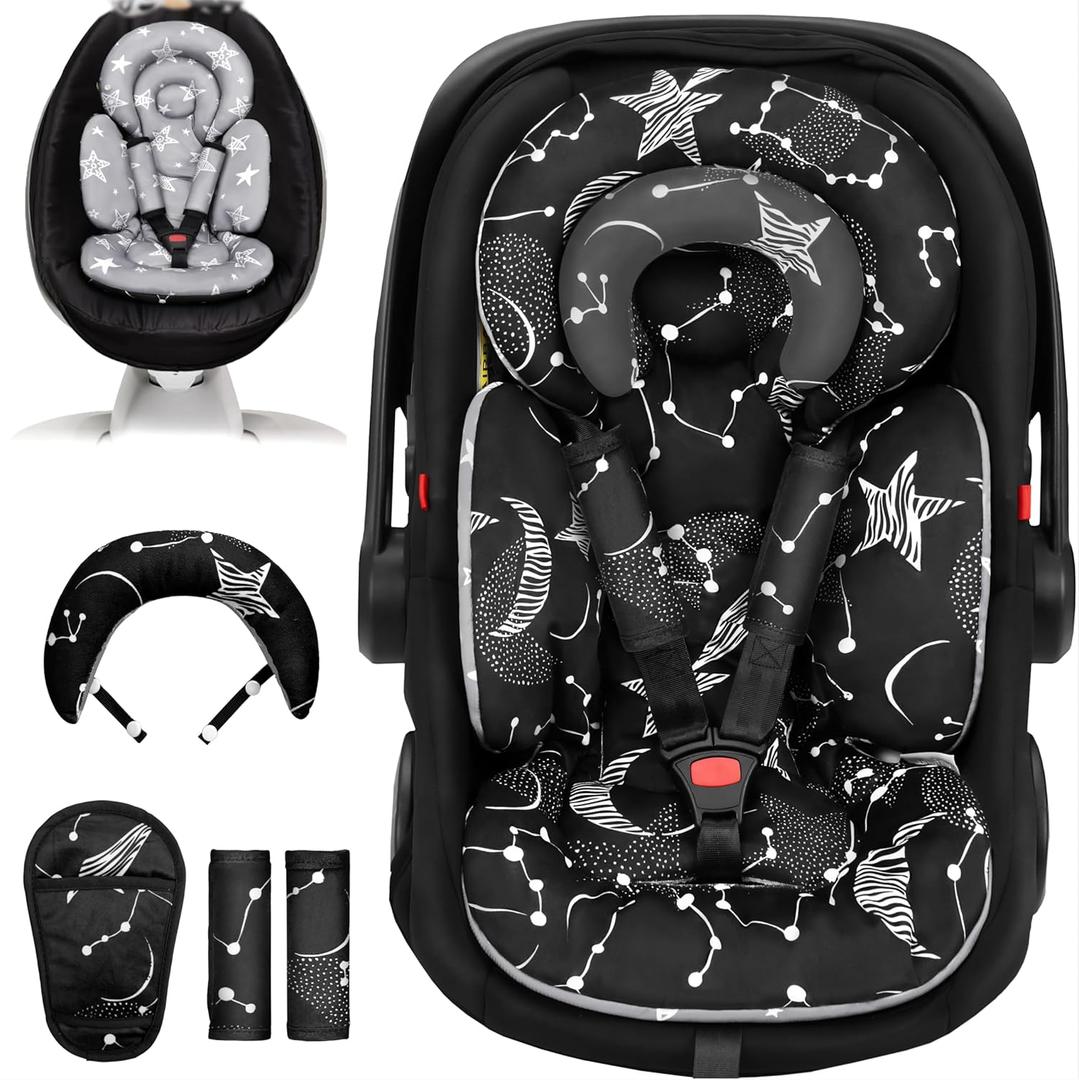 Infant Car Seat Insert with Removable Cushion for Preemie to Toddler, Reversible Newborn Carseat Insert for Baby Head Body Support, Fits for Stroller, Baby Swing, Bouncer (Black Star)