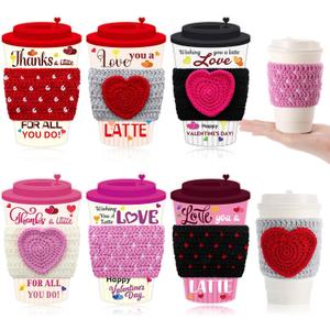 Zhehao 6 Set Valentine's Day Teacher Gift Crochet Coffee Cup Sleeve with Thanks A Latte Coffee Card Galentine's Day Thank You Gift for Teacher Employee Coworker Friend Staff Valentines Party Favors
