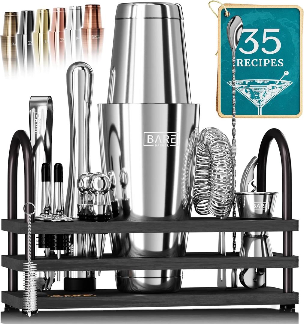 BARE BARREL Mixology Bartender Kit Bar Set | 14-Piece Cocktail Shaker Set | Martini Barware Mixing Tools for Home Bartending | 35 Recipe Cards | Gift Set (28oz Boston Shaker, Silver/Black)