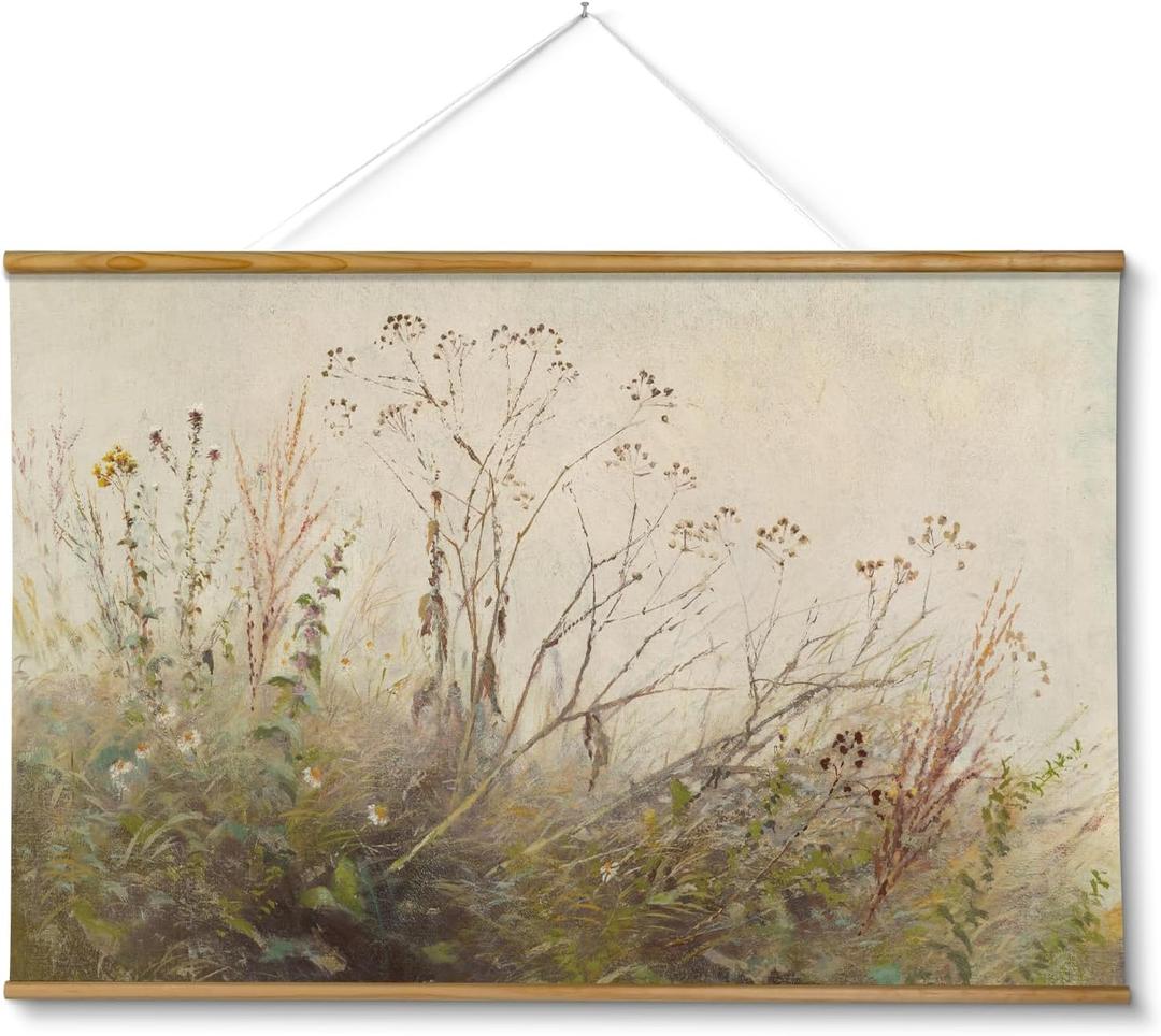 ARPEOTCY Extra Large Vintage Framed Wall Art, 36x54 Inch Farmhouse Retro Wildflower Field Botanical Landscape Hanging Wall Art, Rustic Canvas Home Decor Aesthetic for Living Room Bedroom Office