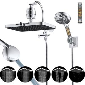 Hibbent Upgraded 5-spray 13'' Dual Filtered Rainfall Shower Head Combo, High Pressure 10-setting Handheld Shower Head with 12'' Adjustable Extension Arm, 20 Stage Shower Filter, 71'' Hose, Chrome