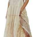 ebossy Women's Laced Embroidered Tulle Bib Dress Casual Loose Adjustable Straps Maxi Dress (S, Apricot)
