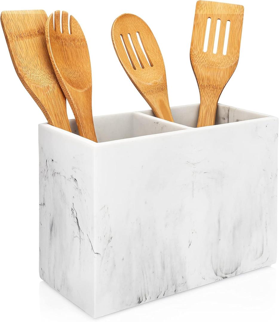 Essentra Home White Marble Kitchen Utensil Holder for Countertop, Rectangular Utensil Crock with Two Compartments. (9" x 4.5" x 6.5" Rectangular)