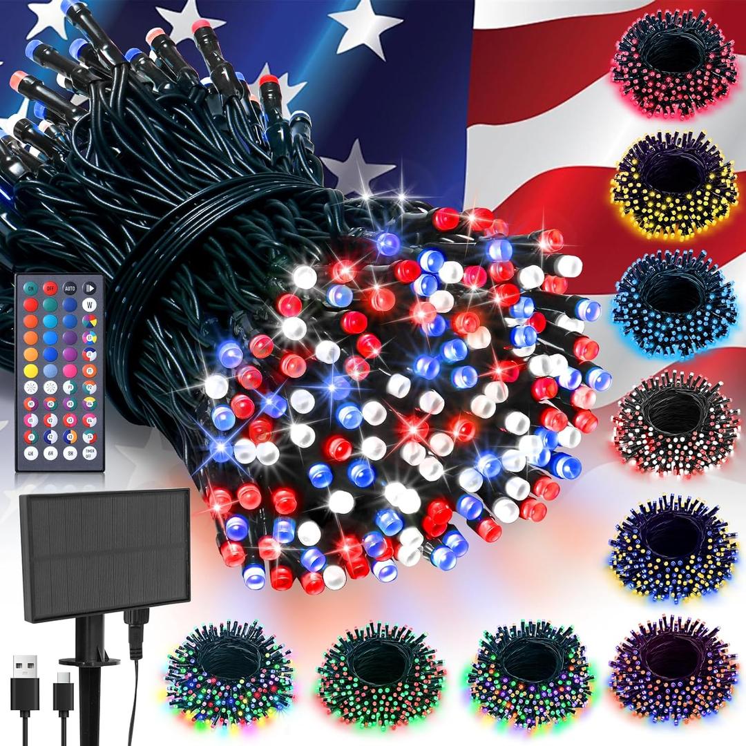 LitHome 100 LED Solar Christmas String Lights Outdoor, 33FT 34Colors Changing Solar/USB Red White Blue Lights Waterproof with Remote, 102 Modes 4th of July Light for Tree Garden Party Holiday Decor