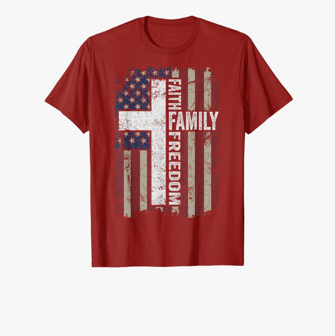 Faith Family Freedom - Patriotic Christian Vintage USA Flag T-Shirt, XL