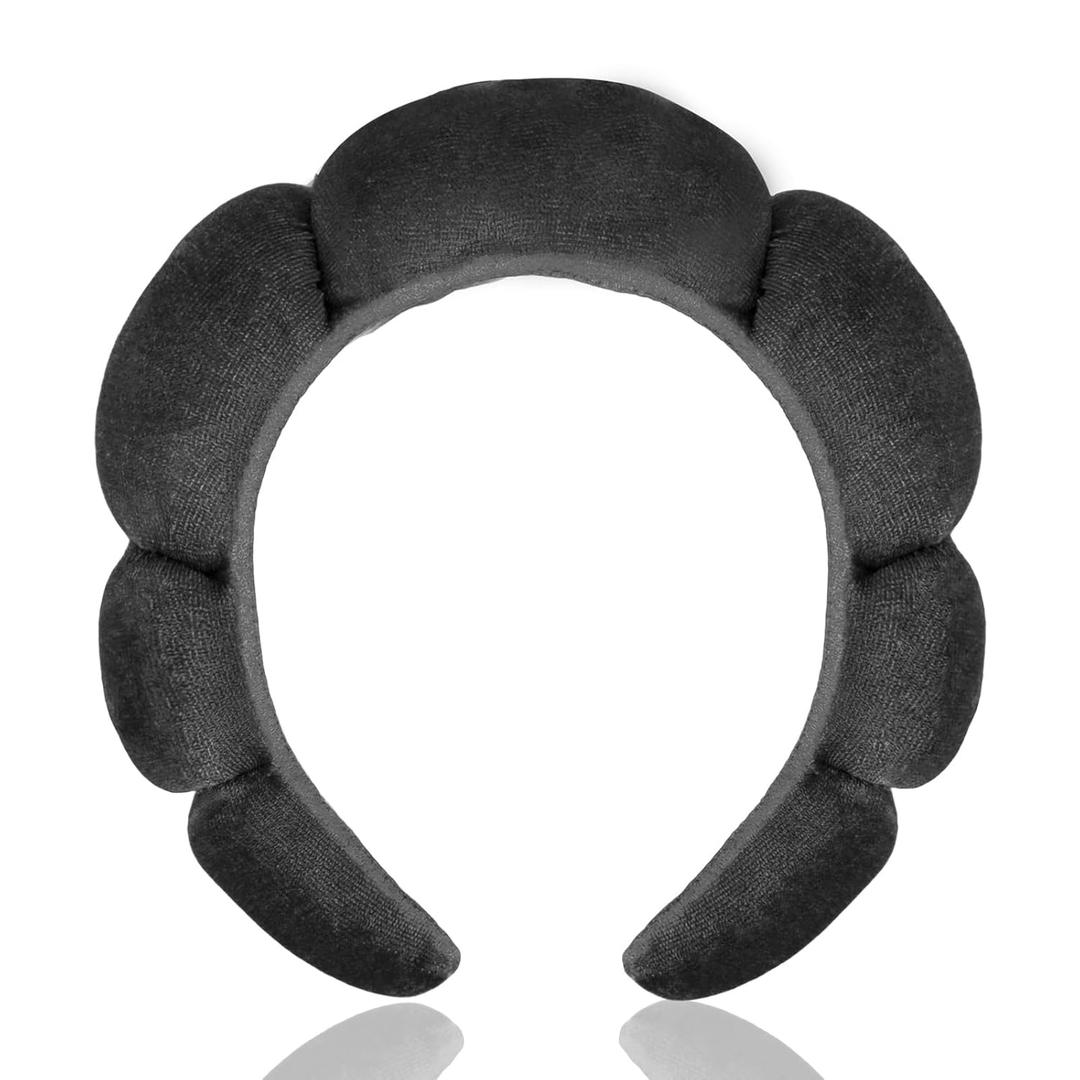 CAVETEE Spa Headband for Washing Face, Sink Care Headband for Women Sponge Bubble Makeup Head band for Women, Soft Velour Hair Accessoriesfor Girls (Black, one size)