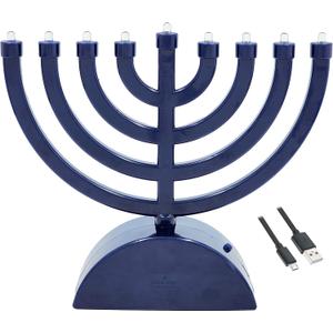 Blue Mini Electric Classic Menorah, Classic Hanukkah Menorah, 7.3" Inch LED Travel Menora, Batteries or USB Powered, Micro USB 4' Ft. Cable Included