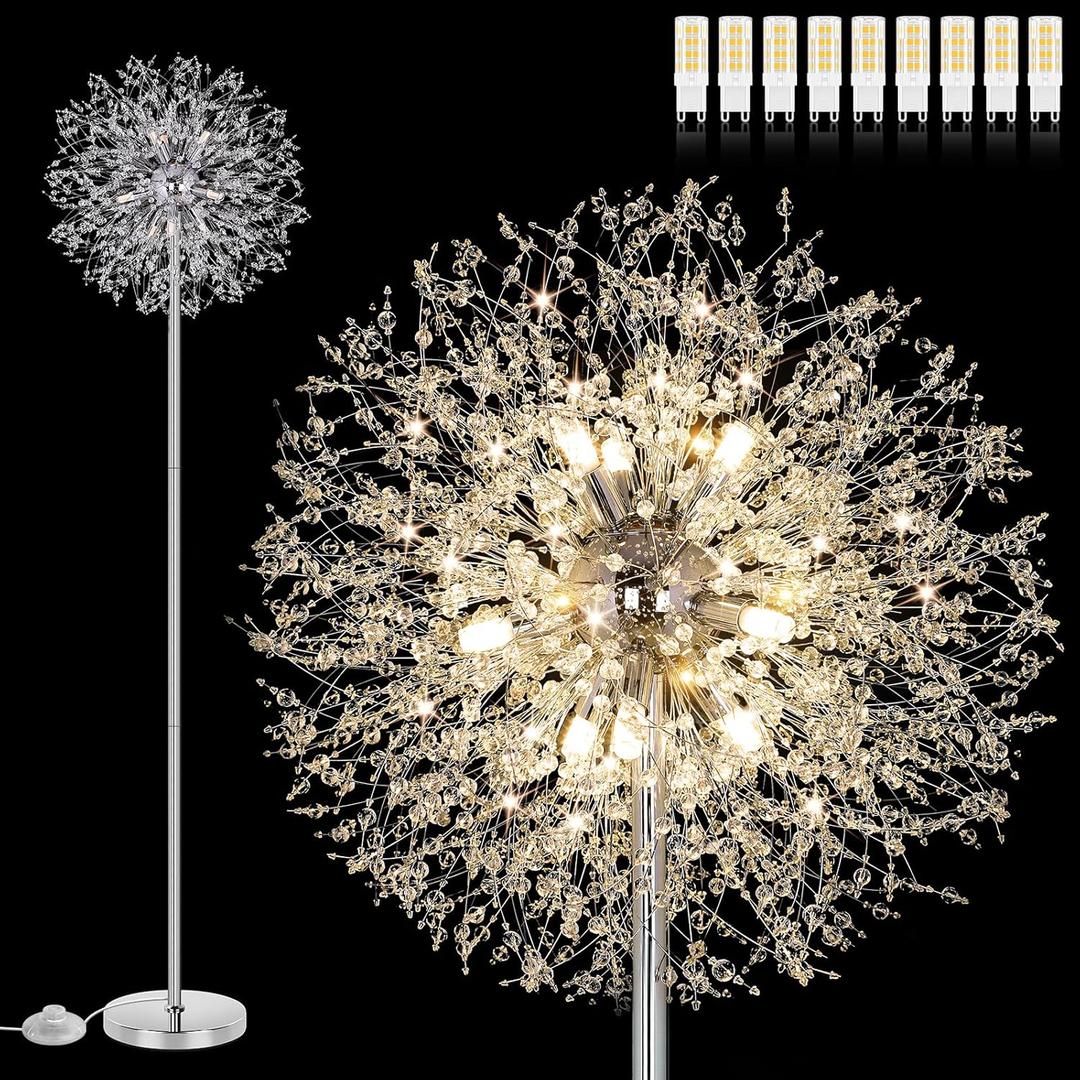 BesLowe 69'' Crystal Floor Lamp for Living Room, Modern Standing Lamp with 738PCS K9 Crystals, Tall Lamp Pole Light for Bedroom Office, Mid Century Silver Floor Lighting with 9 LED Bulbs, Chrome