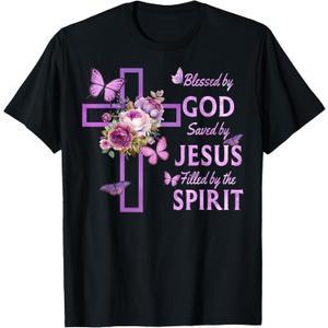 Blessed by God Saved by Jesus Purple Floral Cross Christian T-Shirt Large