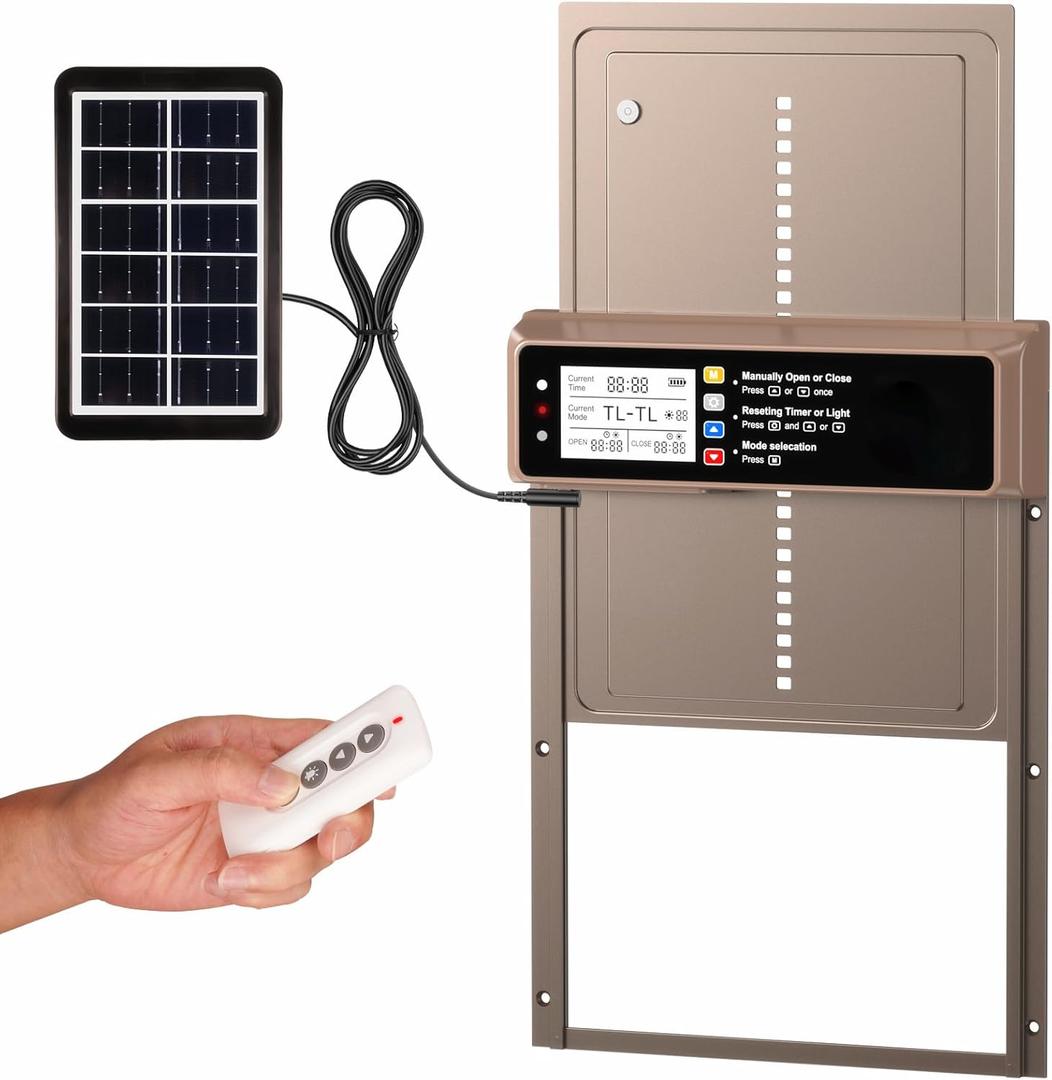Automatic Chicken Coop Door Solar Powered, LCD Display Automatic Chicken Door with Timer & Light Sensor, Aluminum Alloy Chicken Door with Remote Control & 4 Modes