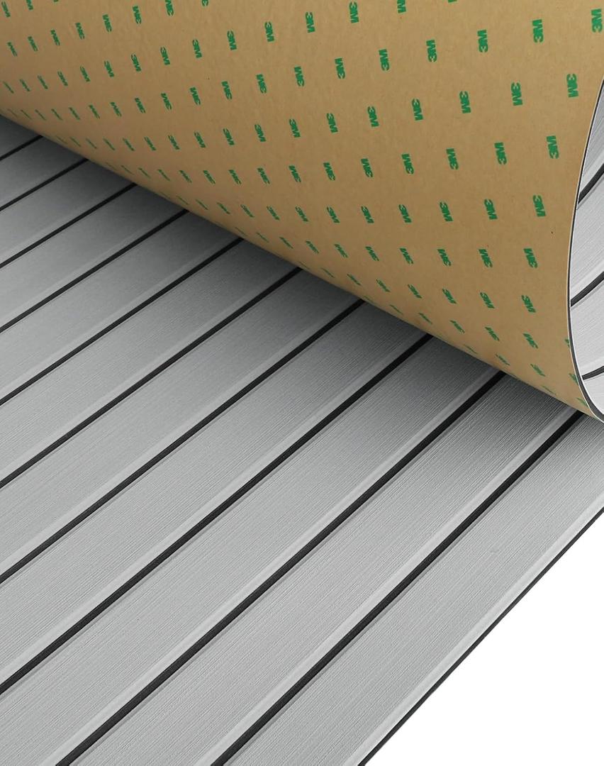 Hjdeck Boat Flooring EVA Foam Boat Decking with 3M Self-Adhesive Backing, Boat Foam Flooring Marine Carpet Faux Teak Sheet for Yacht Fishing Boat Kayak Motorboat RV Floor Helm Pad (94.5"x 10.6" - 6.9sqft, Light Grey with Black Seam)