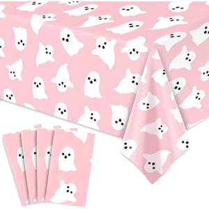 4 Pcs Halloween Plastic Tablecloths Pink White Ghost Disposable Table Cover Cute Rectangle Table Cloth for Birthday Baby Shower Party Decor, 54 x 108 Inch