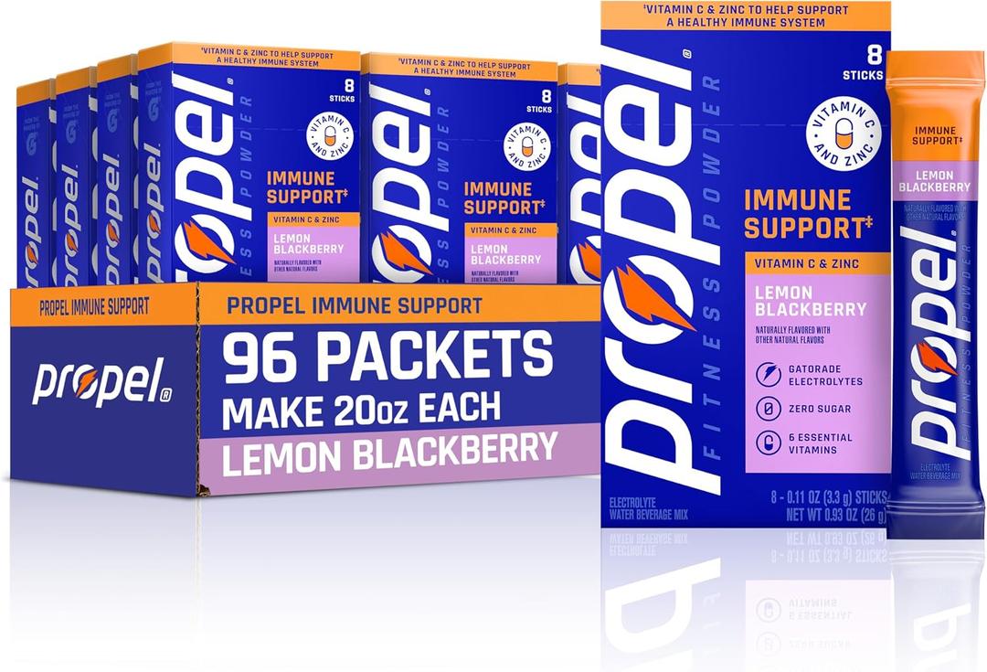 Propel Powder Packets, Immune Support, Lemon BlackBerry (Pack of 96)
100% DV Vitamin C, Good Source of Zinc, Zero Sugar, Gatorade Electrolytes, No Added Colors, No Artificial Flavors