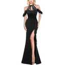 VFSHOW Womens Formal Prom Beaded Halter Neck Keyhole Maxi Dress Feather Cold Shoulder Ruffle High Slit Evening Gown S