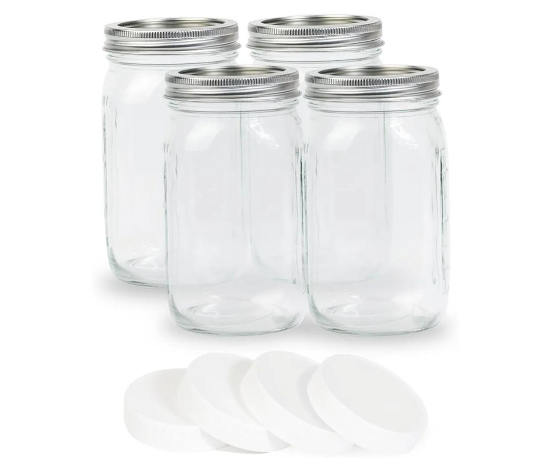 4 Pcs 32 oz Clear Wide Mouth Mason Jars with Airtight Lids and White Plastic Lids, Canning Jars for Overnight Oats, Food Storage and More