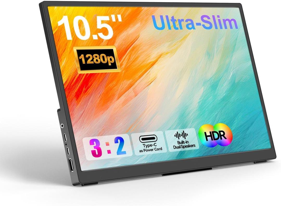 Portable Monitor 10.5'' 1920 * 1280 Ultra-Slim Mini Monitor 3:2,500nits,2000:1,Standard USB C HDMI HDR Computer Monitor for Laptop Switch Mac Phone