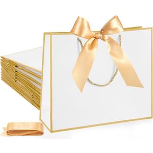 Silkfly 24 Pcs Gift Bags with Handles for Bridesmaid, 12x10x4'' Wedding Welcome Elegant Gift Bags with Bow Ribbon for Graduation Groomsmen Women Baby Shower Birthday Housewarming (White,Gold)