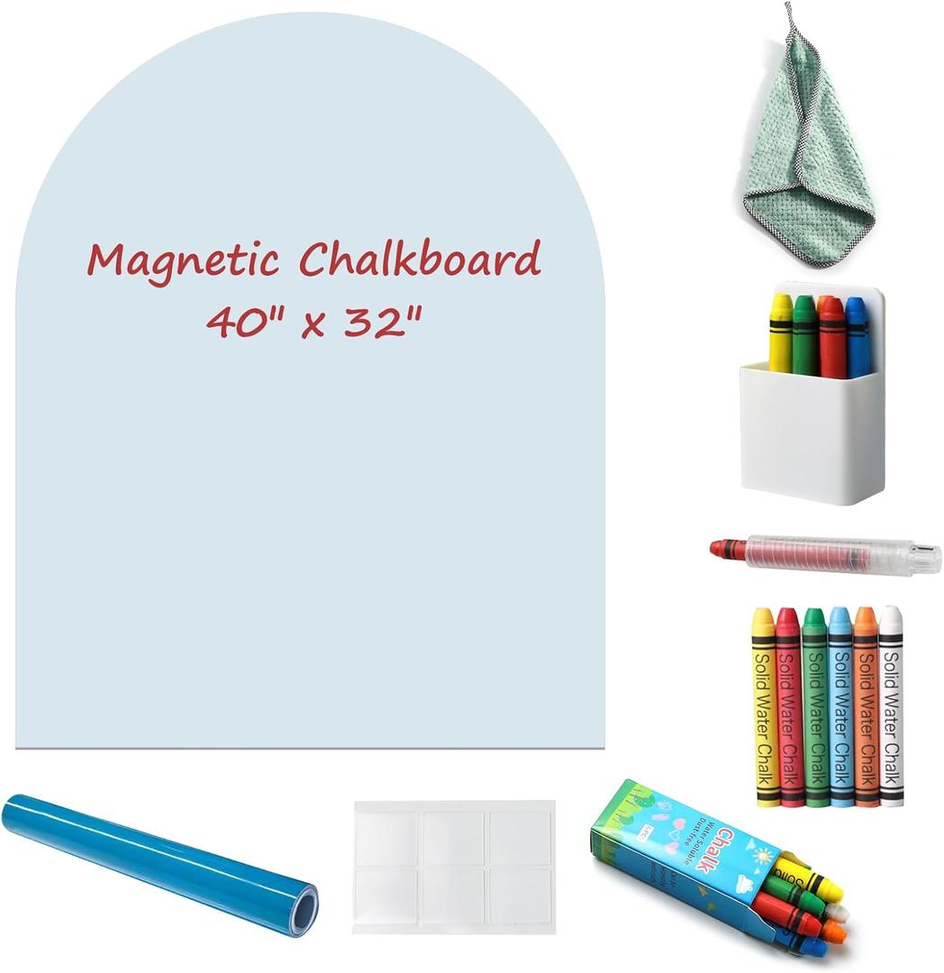 Magnetic Chalkboard Wall Decal 40"x32" - Upgraded Adhesive, Includes Wipe Cloth, Chalk Holder, 6 Dust-Free Chalks, Peel and Stick Blackboard for Kids Playroom, School, Home Decor (Light Blue)