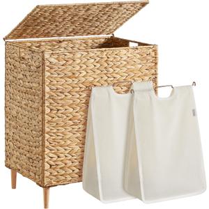 SONGMICS Laundry Hamper 2 Sections, 34.3 Gal. (130 L) Handwoven Water Hyacinth Wicker Laundry Basket with Lid, Natural Material, Removable Machine Washable Liners, Handles, Natural ULCB202Y01