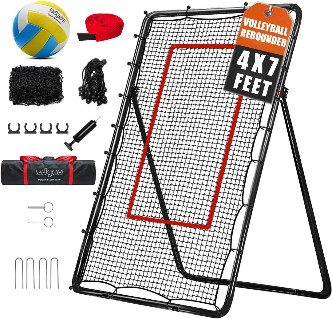 Volleyball Rebounder Net with Volleyball, Bungee Cords,Carry Bag and Neon Target, 5 Adjustable Angles Bounce Back Net for Volley Ball,Baseball,Improve Skills (4x7ft)