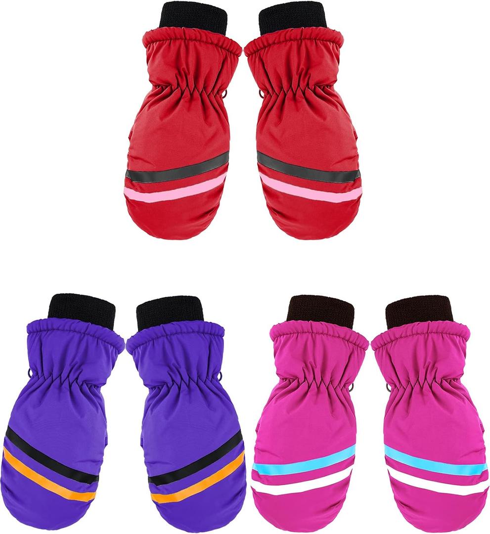 SATINIOR 3 Pairs Kids Winter Snow Mittens Waterproof Ski Mittens Windproof Unisex Gloves for Children Outdoor Activities (7 - 12 Years, Purple, Wine Red, Rose Red)