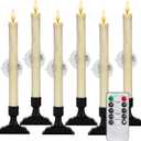 Homemory 6 Pcs Window Candles with Remote Timer Dimmer, Christmas Candles for Window Battery Operated, Ivory Flameless Taper Candle with Holders and Suctions, LED Candlesticks for Xmas Holiday Decor