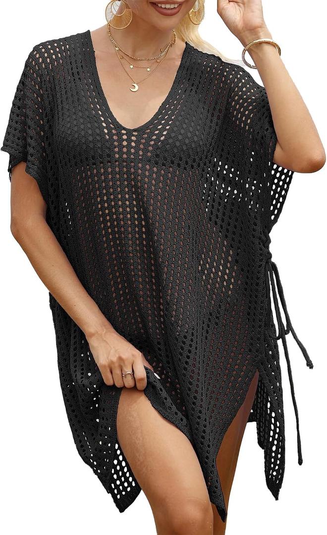 Women's Loose Swimsuit Crochet Sexy V Neck Swim Coverups Bathing Suit Bikini Cover up Vacation Summer Beach Dresses, One Size