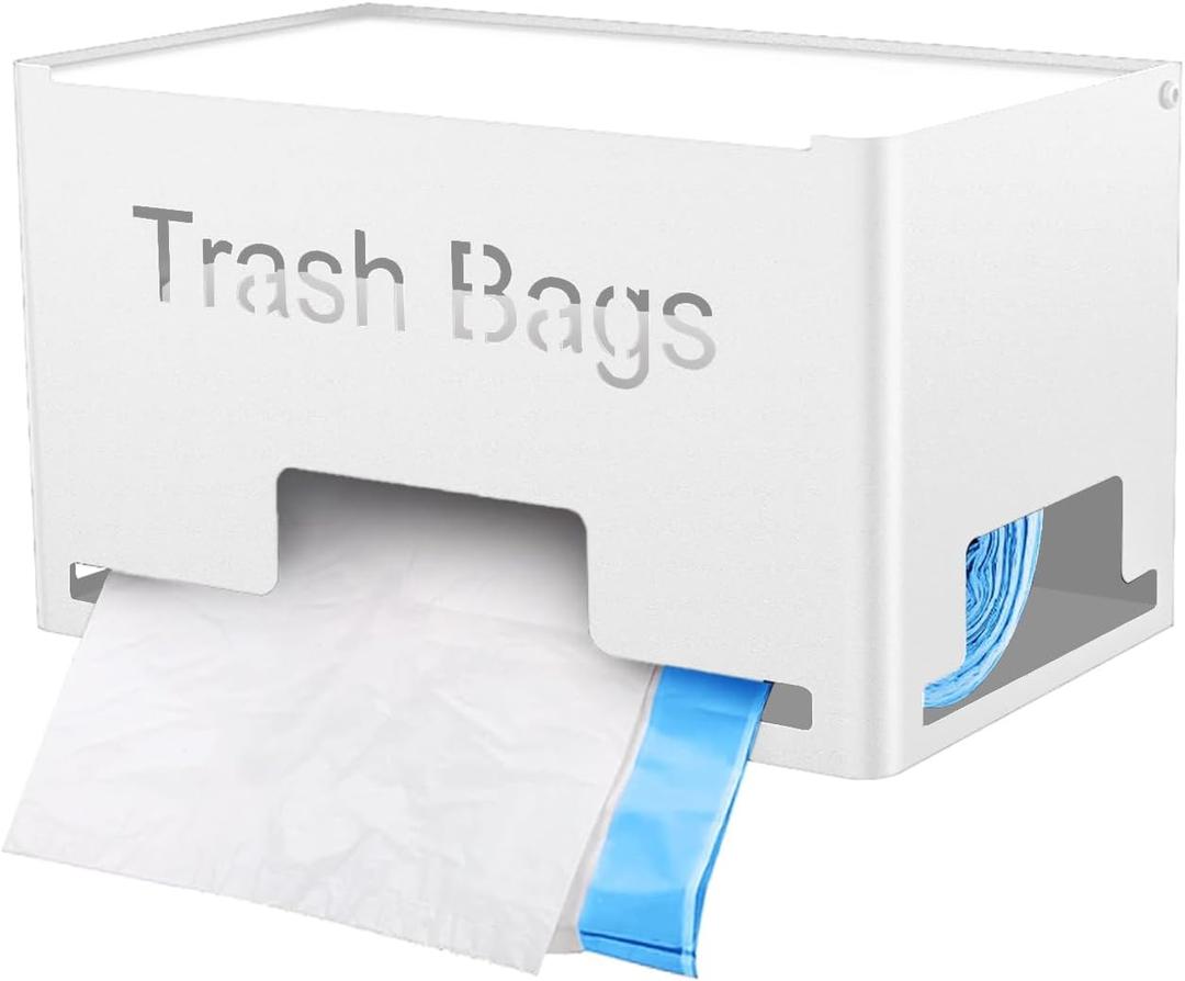 STWWO Large Trash Bag Holder Dispenser, Metal Garbage Bag Dispenser Roll Holder, Kitchen Trash Storage Organizer for Under Sink, Wall Mounted or Countertop, White