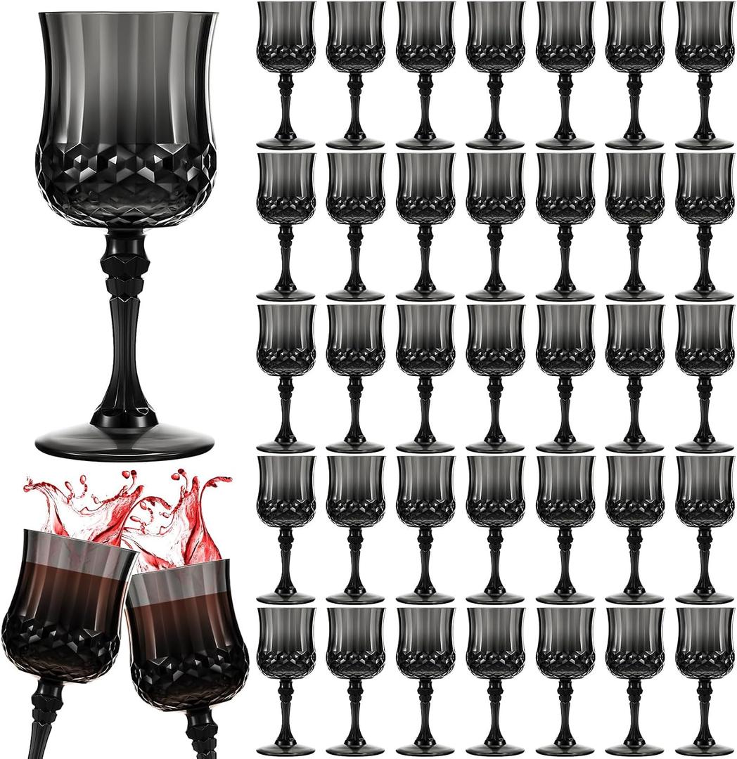 Pinkunn 50 Pcs 7 oz Plastic Vintage Wine Glasses Reusable Colored Goblets Patterned Drinking Water Glasses Cup Dishwasher Safe for Mother's Day Wedding Reception Party Supplies (Black), 6.5 x 2.6 inches