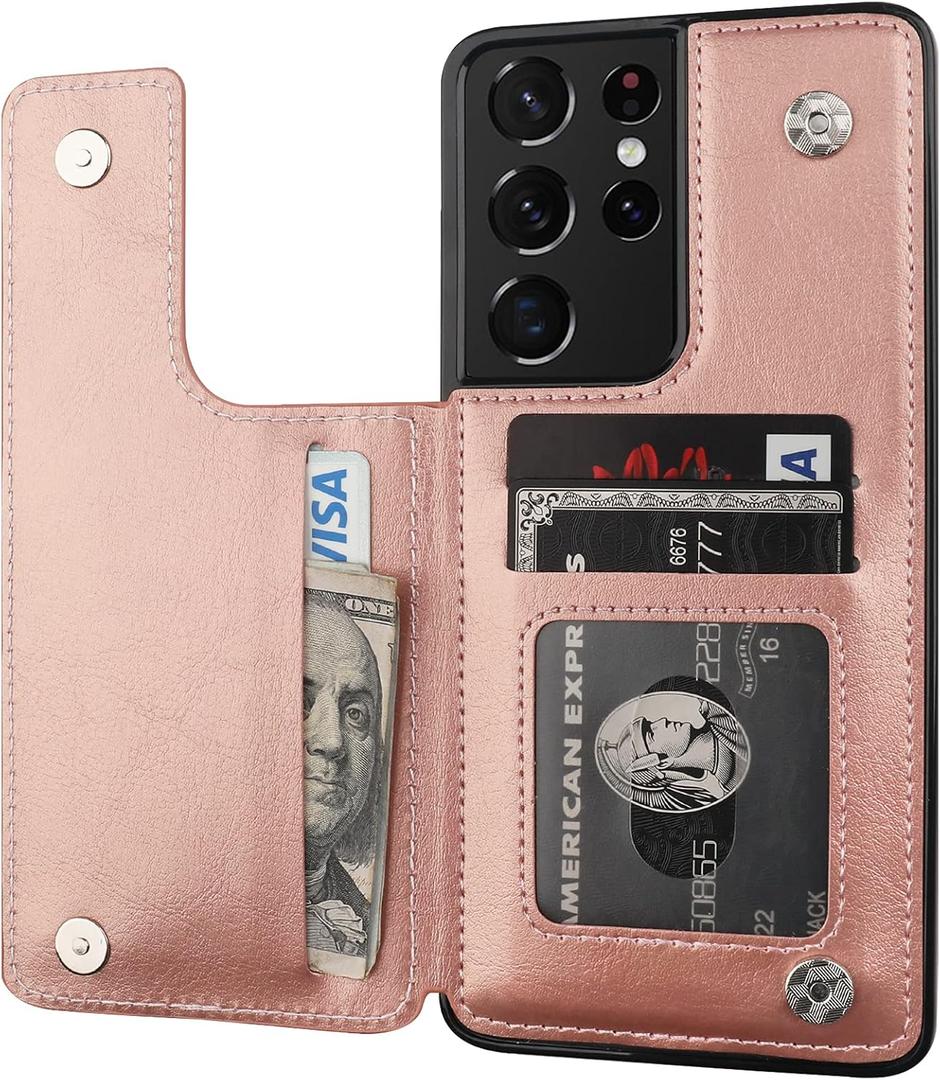 ONETOP Compatible with Samsung Galaxy S21 Ultra Wallet Case with Card Holder, PU Leather Kickstand Card Slots Case, Double Magnetic Clasp and Durable Shockproof Cover 5G 6.8 Inch (Rose Gold)
